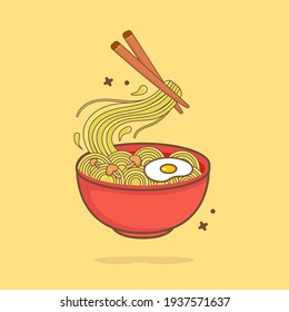 Noodle Egg With Chopstick Cartoon Vector Icon Illustration. Food And Drink Icon Concept Isolated Premium Vector. 