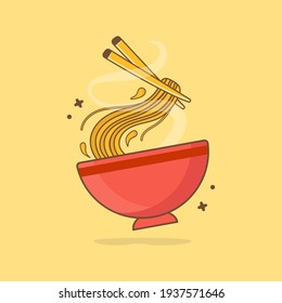 Noodle Egg With Chopstick Cartoon Vector Icon Illustration. Food And Drink Icon Concept Isolated Premium Vector. 