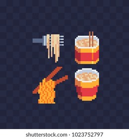 Noodle fast food pixel art icons spaghetti on the fork and pasta isolated vector flat illustration. Design for stickers, logo, mobile app. Video game assets 80s 8-bit sprite sheet. 