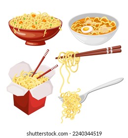 caricatura china sobre la comida con fideos. almuerzo asiático, tazón de fideos, cocina de pasta, platos tradicionales de palillos, comida de fideos fresca japonesa y sabrosa, comida de comida china vectorial