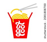 Noodle to go. Red Wok box with chopsticks. Take away hot asian food in package. Take out lunch. Flat vector Illustration with lettering. Ramen, Udon.