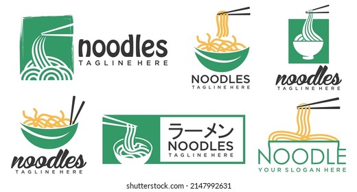 noodle icon set logo with the green leaves, chopstick concept