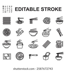 noodle icon set. Thin line style vector. Contains icons of various noodles.
