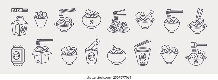 Noodle icons. Japanese food. Asian ramen. Chinese chopsticks. Pasta cooking. Soup dish pictogram. Instant spaghetti preparing symbol. Line wok box. Udon bowl. Japan dinner. Vector kitchen logo set