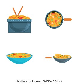 Noodle icons set cartoon vector. Asian noodle in frying pan and bowl. Traditional japanese cuisine