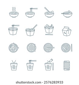 Noodle Japanese Food Sign Black Thin Line Icon Set. Vector illustration of Instant Noodles in Box and Asian Ramen Soup Icons