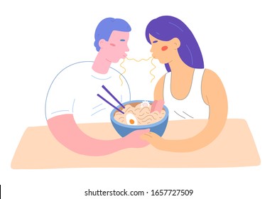 Noodle Kiss, Couple Eating Ramen, Holding Hands In Cafe, Cute Flat Illustration, Isolated Vector Drawing, Japanese Noodle Soup In Bowl With Chopsticks. Man And Woman In Ramen Shop Romantic Date Dinner