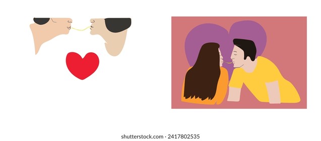 Noodle kiss, cute couple eating ramen, holding hands in cafe, cute flat illustration, isolated vector drawing, Man and woman in ramen shop romantic date dinner.
Pasta lovers. Happy Valentine day.