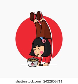 noodle logo character concept, a girl is eating noodles with her feet up