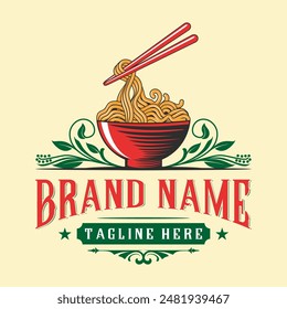 noodle logo design. a bowl of noodles with chopsticks on top, perfect for any business related to noodles, fast food, Korean menu, Japanese food, or any other business.