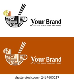 Plantilla de diseño de logotipo de fideos. Ramen o fideos y palillos concepto de diseño de logotipo en un tazón. Tipos de logotipos de negocios de alimentos