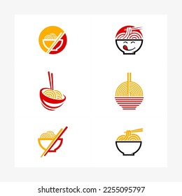 Noodle logo various shapes design template. noodles, chopsticks and bowls. Types of food business logos. vectors