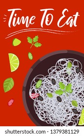 Noodle  on bright background in flat design style. Doodle elements. Flat food - noodles. Time to eat. Vector illustration.