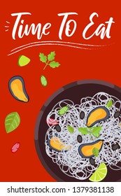 Noodle  on bright background in flat design style. Doodle elements. Flat food - noodles. Time to eat. Vector illustration.