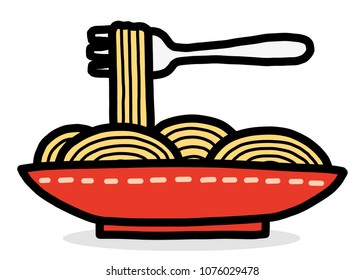 noodle on red dish / cartoon vector and illustration, hand drawn style, isolated on white background.