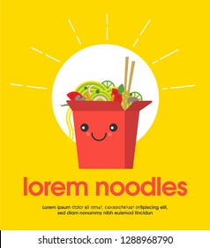 Noodle in Oriental Box Container. Vector illustration Noodles/Pho/Chinese food ad template. Chinese Take away box.  Kawaii Character