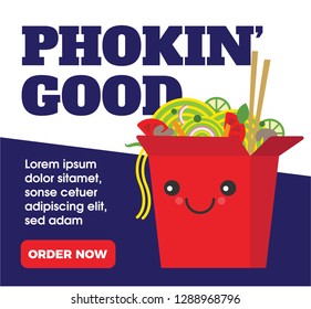 Noodle in Oriental Box Container. Vector illustration Noodles/Pho/Chinese food ad template. Chinese Take away box.  Kawaii Character