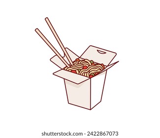 Fideos con paquete de caja de papel. Ilustraciones de diseño vectorial de estilo dibujado a mano.