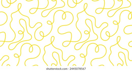 Nudel Pasta nahtlose Muster Vektorgrafik Hintergrund. Spaghetti kurviges Kritzelmuster, italienischer Pasta-Hintergrund. Chinesische abstrakte Nudel, Ramen-Design gelbe Lebensmittel Bildschirmhintergrund. Vektorillustration