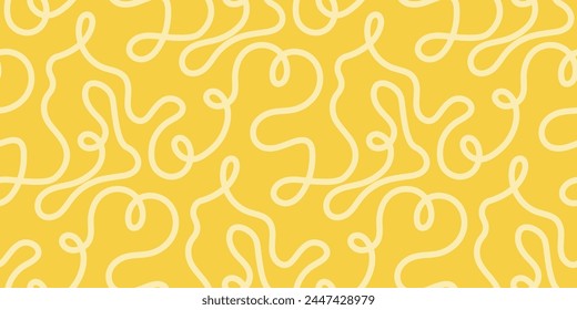 Nudel Pasta nahtlose Muster Vektorgrafik Hintergrund. Spaghetti kurviges Kritzelmuster, italienischer Pasta-Hintergrund. Chinesische abstrakte Nudel, Ramen-Design gelbe Lebensmittel Bildschirmhintergrund. Vektorillustration