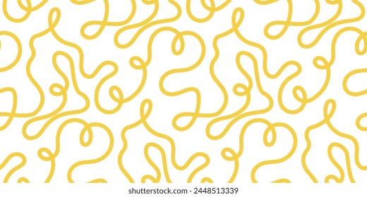 Nudel Pasta nahtlose Muster Vektorgrafik Hintergrund. Spaghetti kurviges Kritzelmuster, italienischer Pasta-Hintergrund. Chinesische abstrakte Nudel, Ramen-Design gelbe Lebensmittel Bildschirmhintergrund. Vektorillustration