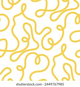 Noodle pasta seamless pattern vector background. Spaghetti curvy doodle pattern, Italian pasta background. Chinese abstract noodle, ramen design yellow food wallpaper. Vector illustration