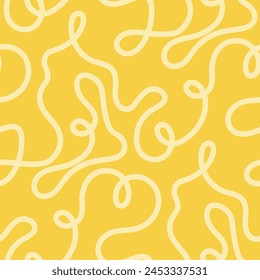 Noodle pasta seamless pattern vector background. Spaghetti curvy doodle pattern, Italian pasta background. Chinese abstract noodle, ramen design yellow food wallpaper. Vector illustration