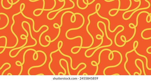 Noodle pasta seamless pattern vector background. Spaghetti curvy doodle pattern, Italian pasta background. Chinese abstract noodle, ramen design yellow food wallpaper. Vector illustration