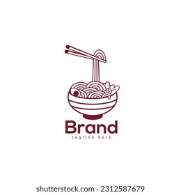 Noodle Pho Food Logo Template, And Icon Design Template Elements With Spoon And Chopstick Vector Color Emblem. Noodle Plate With Spoon, And Fried Eggs In The White Background.