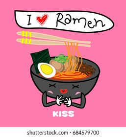 Noodle Ramen cartoon with egg,meat,seaweed and mushroom in bowl of kiss face
expression. funny vector illustrator 