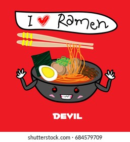 Noodle Ramen cartoon with egg,meat,seaweed and mushroom in bowl of devil face
expression. funny vector illustrator 