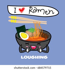 Noodle Ramen cartoon with egg,meat,seaweed and mushroom in bowl of loughing face
expression. funny vector illustrator 