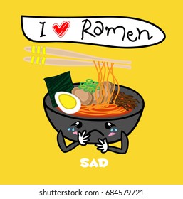 Noodle Ramen cartoon with egg,meat,seaweed and mushroom in bowl of sad face
expression. funny vector illustrator 