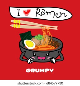 Noodle Ramen cartoon with egg,meat,seaweed and mushroom in bowl of grumpy face
expression. funny vector illustrator 