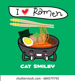 Noodle Ramen cartoon with egg,meat,seaweed and mushroom in bowl of cat smiley face
expression. funny vector illustrator 