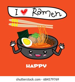 Noodle Ramen cartoon with egg,meat,seaweed and mushroom in bowl of happy face
expression. funny vector illustrator 