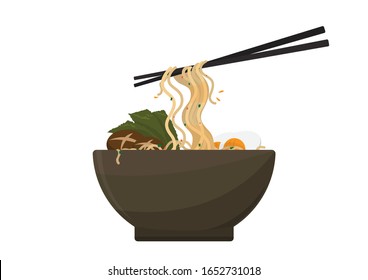 Noodle ramen in ceramic cup with pair chopsticks, egg and seaweed, vector illustration on white background