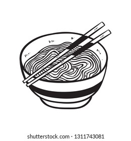 noodle or ramen with chopsticks using doodle style on white background