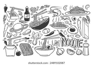 Noodle ramen doodles, spaghetti drawings vector