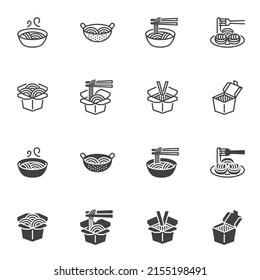 Noodle and ramen icon set, line and glyph version, outline and filled vector sign. Oriental food linear and full pictogram. Symbol, logo illustration. Different style set include icons as noodles box