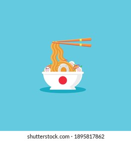 noodle ramen illustration with topping egg, narutomaki, leek and onion. ramen flat design illustration, ramen vector, japan foods vector, isolated ramen illustration