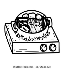 Noodle Ramen on a warming plate. Hand drawn doodle vector. Traditional Asian food. Soup in a pot with meat, tofu, vegetables. Restaurant menu. Illustration line art element.