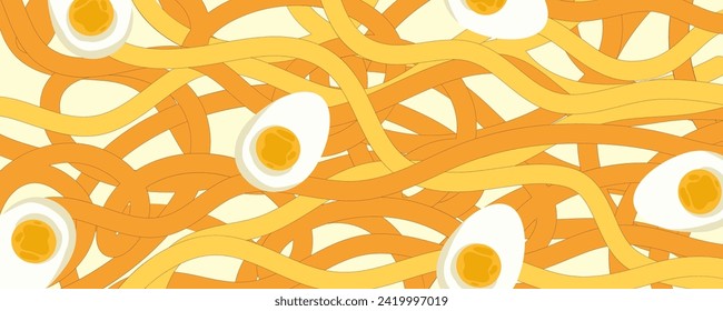 Noodle Ramen Pattern with egg background. Pasta food texture spaghetti geometric. Abstract ramen ornament. Flat vector illustration. Wave texture background