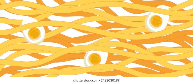 Patrón de ramen de fideos con fondo de huevo. Espaghetti de textura gastronómica de pasta geométrica. Resumen de adorno de ramen. Ilustración vectorial plana. Fondo de textura ondulada