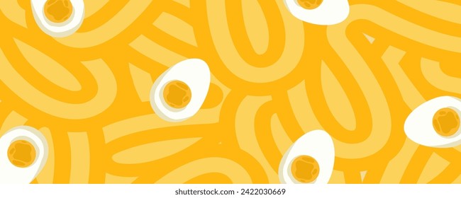 Noodle Ramen Pattern with egg background. Pasta food texture spaghetti geometric. Abstract ramen ornament. Flat vector illustration. Wave texture background