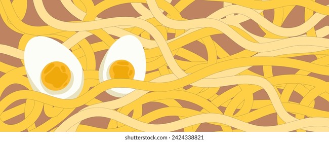 Noodle Ramen Pattern with egg background. Pasta food texture spaghetti geometric. Abstract ramen ornament. Flat vector illustration. Wave texture background
