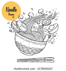 noodle ramen sketch flying from a bowl with chopsticks. Japanese noodle, vector sketch. Asian traditional food.