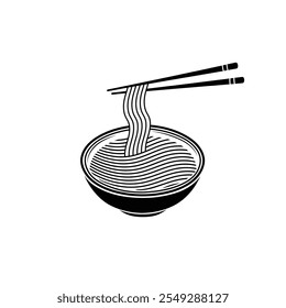 Noodle, Ramen Noodle Vector Symbol, Noodle in Bowl with Chopsticks Icon Vector Black.