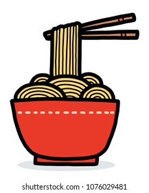 noodle and red bowl / cartoon vector and illustration, hand drawn style, isolated on white background.