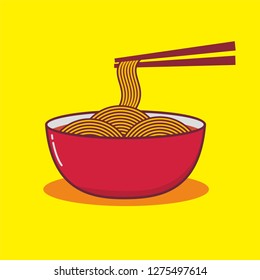 Noodle in red bowl and chopstick vector illustration 